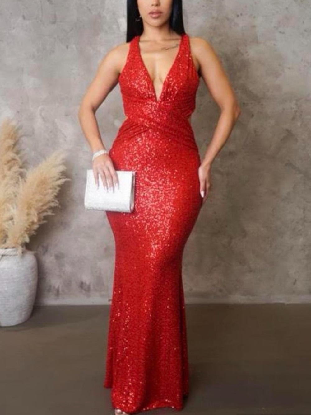 Luxxel Red Sequin Plunge Maxi Gown